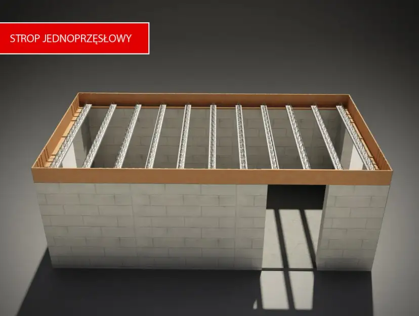 Model stropu jednoprzęsłowego z belkami i szalunkiem.