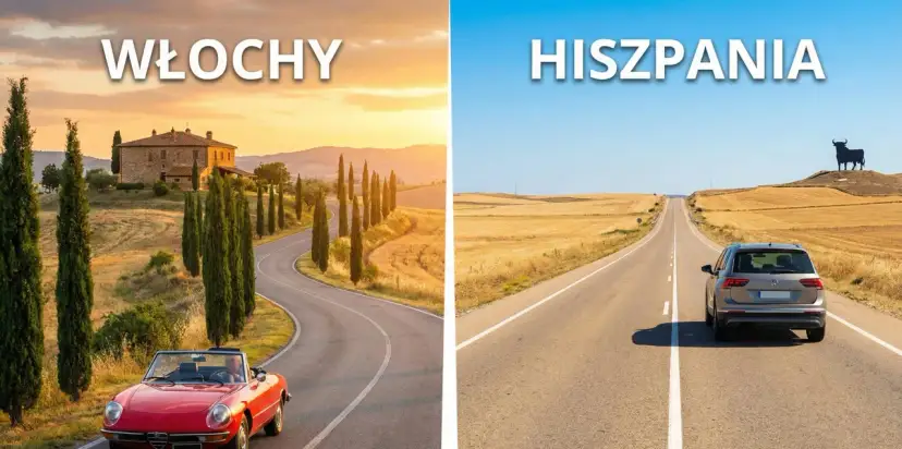 Włochy czy Hiszpania na wakacje? Po lewej Toskania z cyprysami i czerwoną Alfą Romeo, po prawej hiszpańska droga z bykiem na wzgórzu.