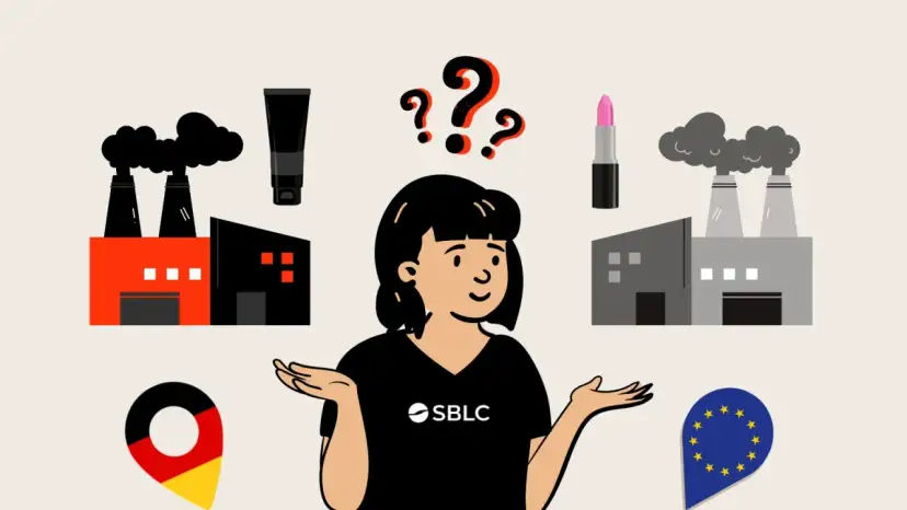 Frau mit Fragezeichen überlegt zwischen Fabriken, Kosmetikprodukten, Deutschland- und EU-Symbolen.
