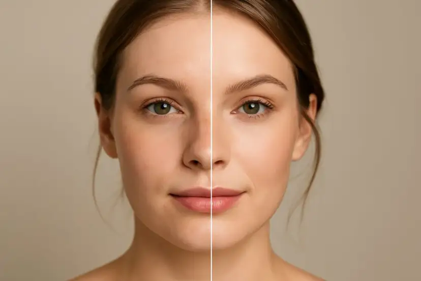 Porównanie twarzy: po lewej widoczne niedoskonałości, po prawej efekt jak zakryć pryszcze i uzyskać gładką cerę.