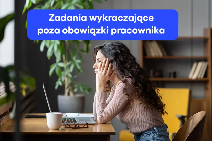 Kobieta zamyślona nad zadaniami wykraczającymi poza obowiązki pracownika.