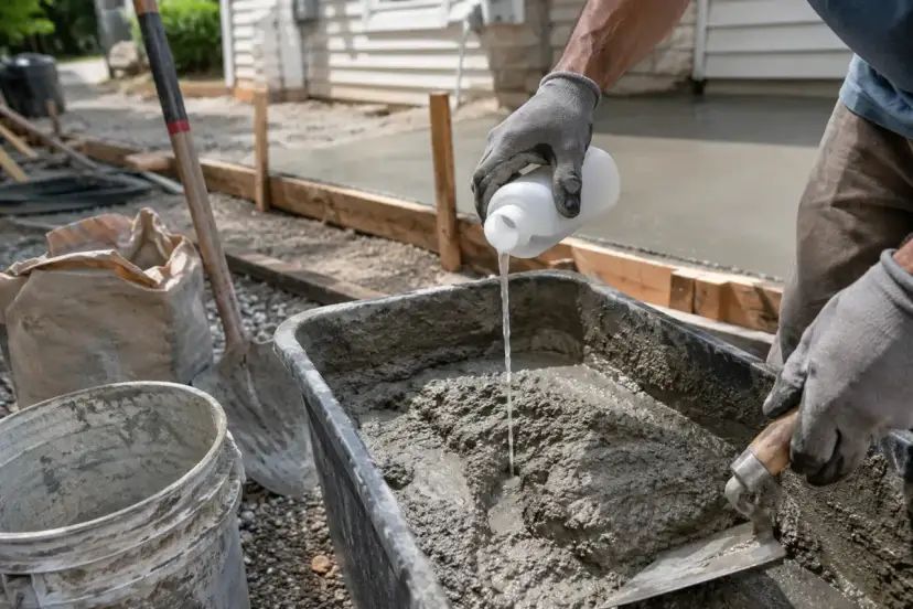 Rękawiczki i łopatka mieszają szybki beton w wózku. Obok leży worek z cementem i wiadro.