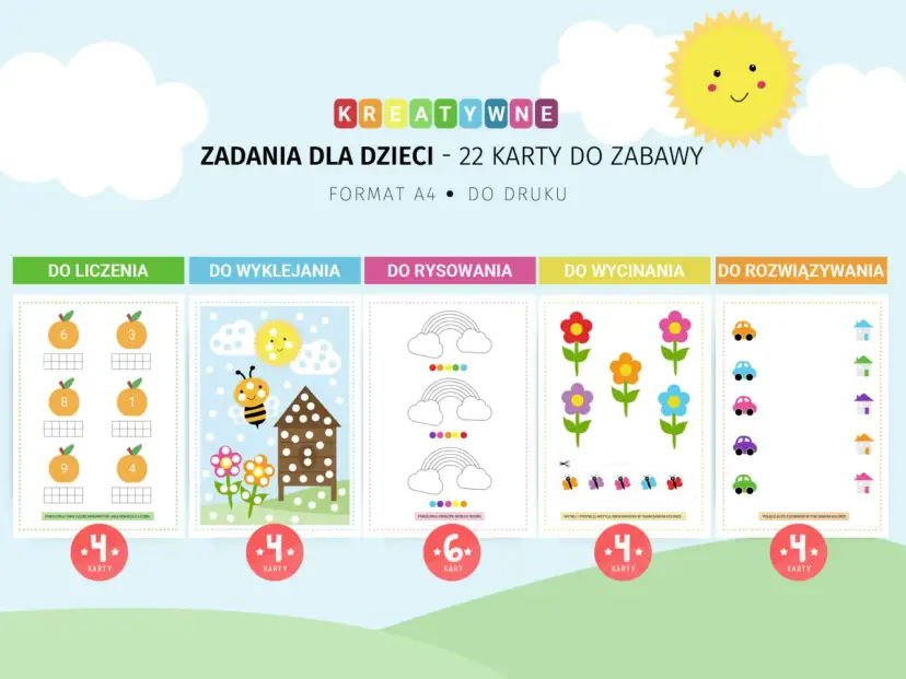Kreatywne zadania dla 10 latka do druku: liczenie, wyklejanie, rysowanie, wycinanie i rozwiązywanie.