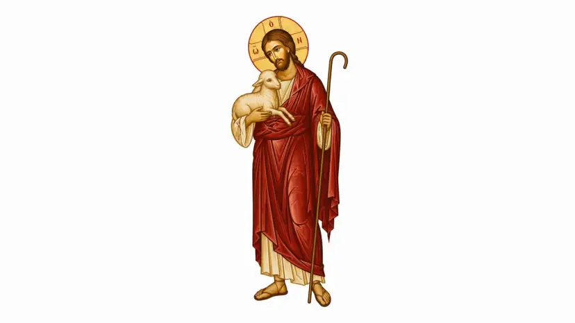 Jezus dobry pasterz, trzymający na rękach jagnię i laskę pasterską. Wokół głowy ma złoty nimb.