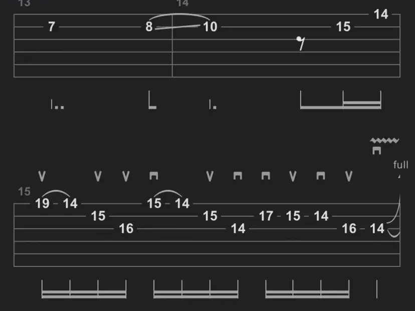 Fragment tabulatury gitarowej z nutami i oznaczeniami, w tym "fade to black tab".
