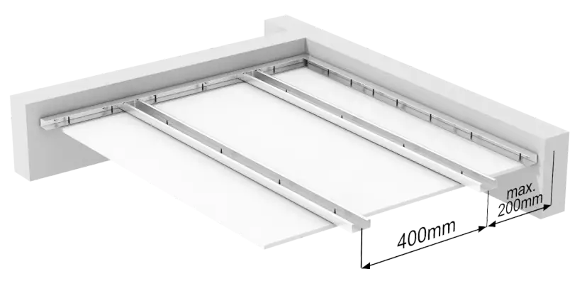 Konstrukcja sufitu podwieszanego z płyt gipsowo-kartonowych. Widoczny stelaż metalowy, płyty i wymiary: 400mm i max. 200mm.