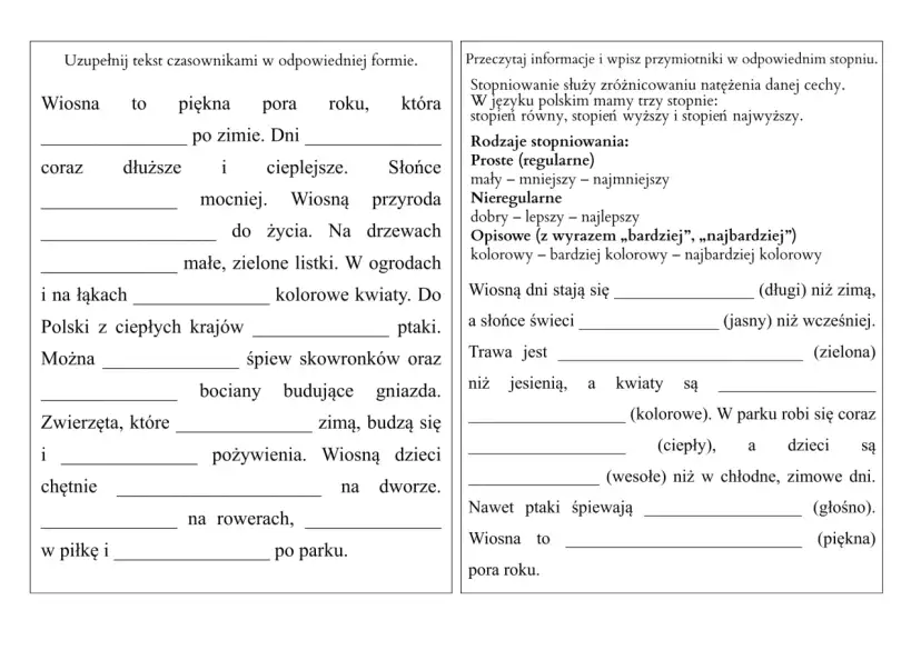Karty pracy klasa 3 do wydruku: uzupełnij tekst o wiośnie, wpisz przymiotniki w odpowiednim stopniu.