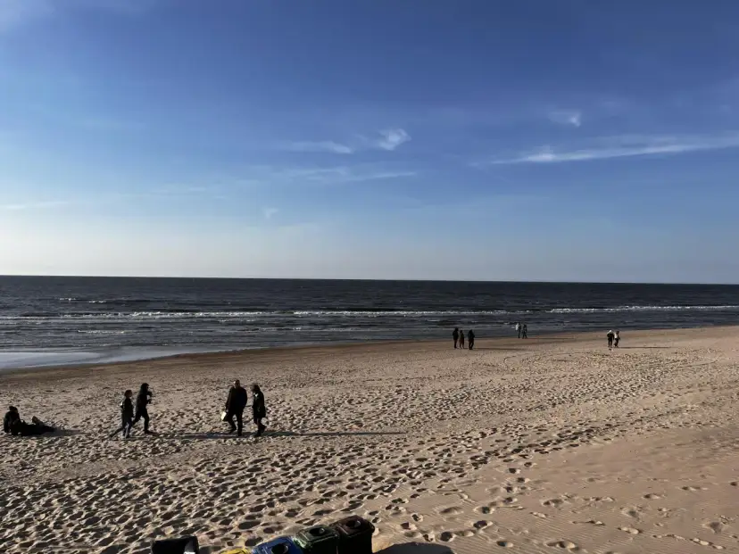 Plaża nad Bałtykiem z kilkoma spacerującymi osobami i widokiem na morze.