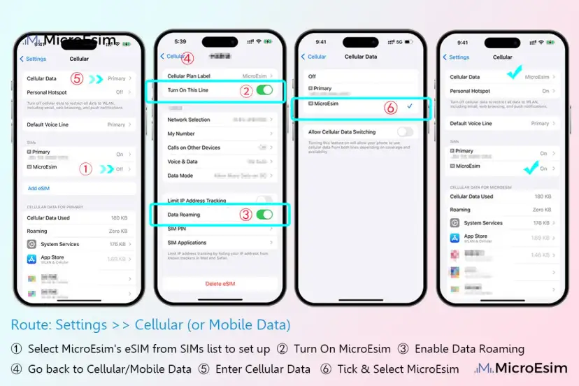 Configuration d'un esim instantané : activer la ligne, activer l'itinérance des données, puis sélectionner l'eSIM MicroEsim.
