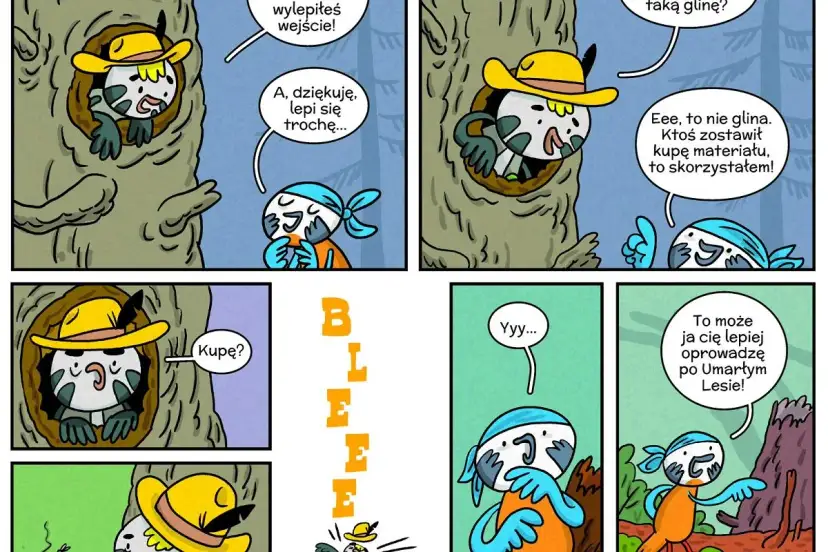 Krótki komiks dla dzieci. Ptak w kapeluszu wchodzi do dziupli, a inny ptak oferuje mu pomoc.