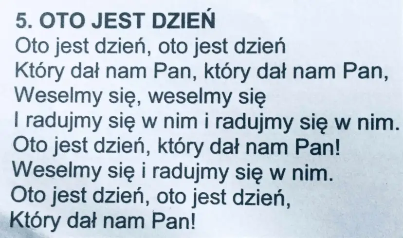 Tekst piosenki "Oto jest dzień", która mówi o radości i dziękczynieniu za dzień dany przez Pana.