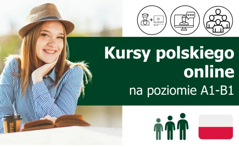 Uśmiechnięta dziewczyna w słomkowym kapeluszu i koszuli w paski, z książką i kawą. Obok napisy "Kursy polskiego online" i ikony symbolizujące naukę. Darmowy kurs języka polskiego dla obcokrajowców online.