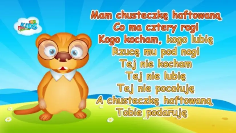 Uroczy, okularowy bóbr śpiewa piosenkę "Mam chusteczkę haftowaną" na tle błękitnego nieba i zielonej łąki.