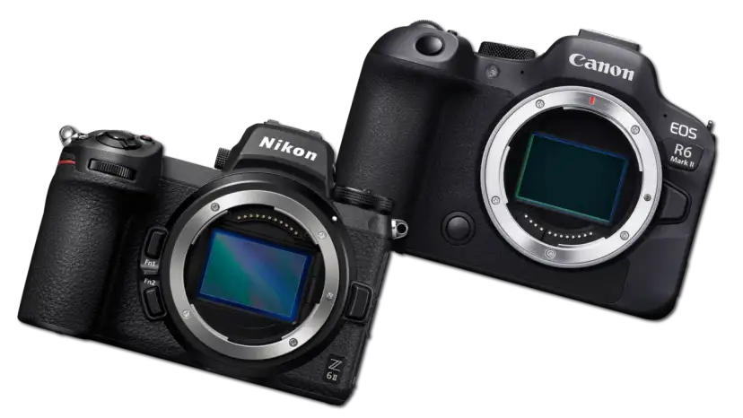 Dwa aparaty, Nikon Z 6II i Canon EOS R6 Mark II, gotowe do akcji. Który wybierzesz: canon czy nikon?