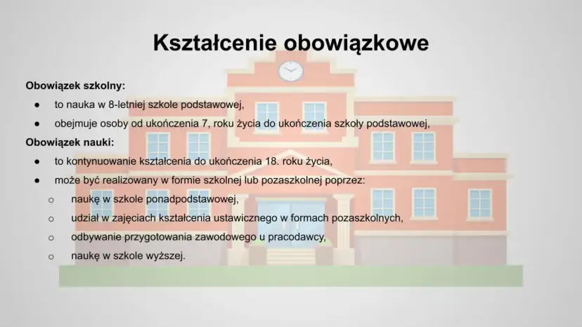 Ilustracja przedstawia budynek szkolny z tekstem "Kształcenie obowiązkowe".