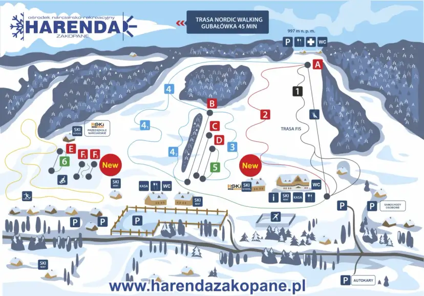 Mapa ośrodka narciarskiego Harendy w Zakopanem. Widoczne trasy narciarskie, wyciągi, punkty gastronomiczne, parkingi i wypożyczalnie sprzętu.