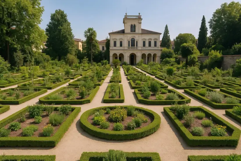 Geometryczny ogród botaniczny w Padwie z okazałym budynkiem w tle.
