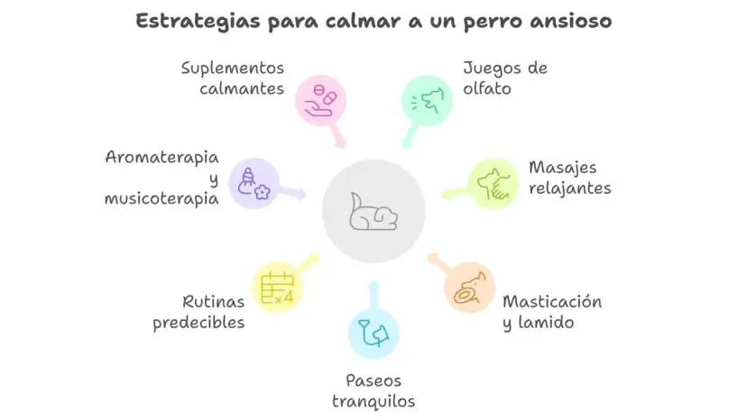 Estrategias para calmar a un perro ansioso: suplementos, aromaterapia, juegos, masajes, masticación, paseos y rutinas predecibles.