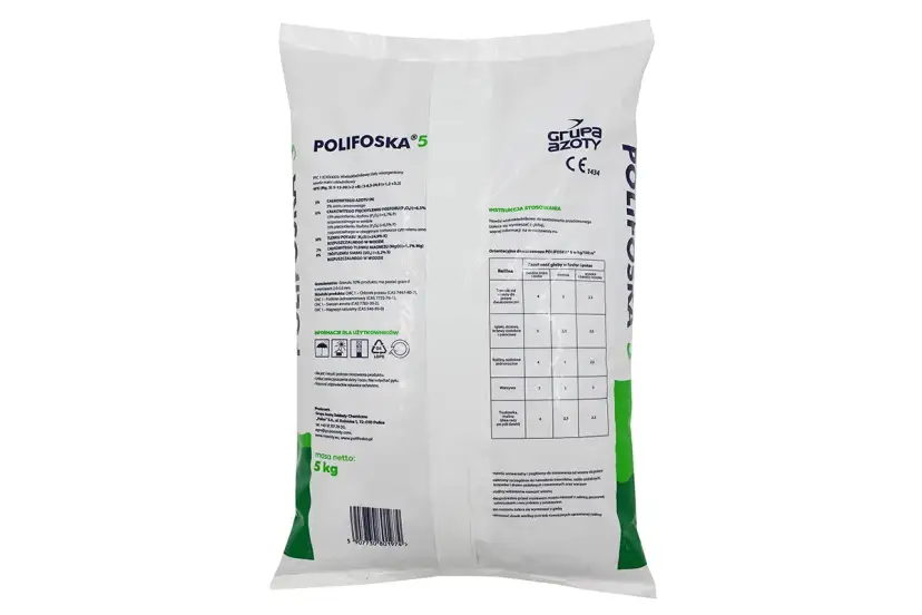 Opakowanie nawozu POLIFOSKA 5, zawierające informacje o jego składzie i sposobie stosowania. Worek o masie 5 kg.