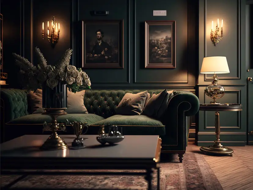 Elegancka, zielona sofa w stylu gotyckim, ozdobiona poduszkami, stoi w przytulnym salonie. Obok niej, złota lampa i obrazy na ścianie dodają wnętrzu charakteru.