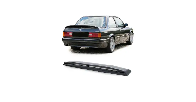 Czarne BMW E30 z zamontowanym spoilerem na klapie bagażnika i osobno pokazana lotka.
