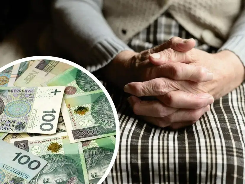 Dłonie starszej osoby splecione na kolanach, obok stos banknotów 100 zł. Symbol wsparcia finansowego, jak 500 plus dla niepełnosprawnych.