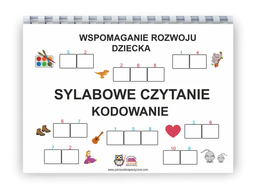 Pomoc w nauce czytania metodą sylabową. Dziecko koduje obrazki, dopasowując sylaby do pól.