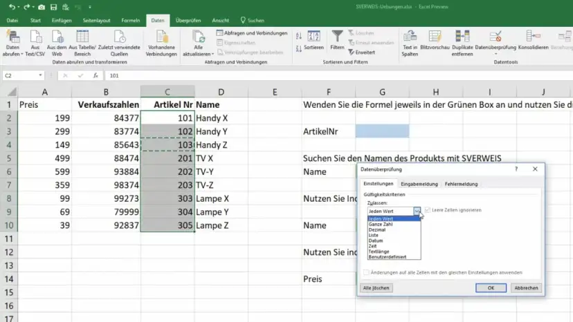 Excel blokowanie komórek: okno "Kontrola poprawności danych" z zaznaczoną opcją "Każda wartość" i zaznaczonym polem "Ignoruj puste komórki".