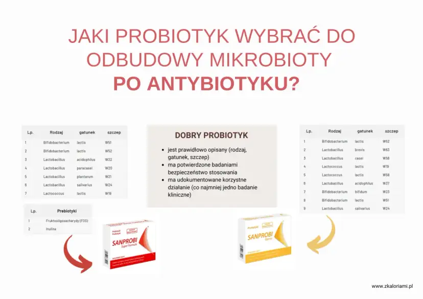 Dwa opakowania probiotyków Sanprobi na tle tabeli z rodzajami bakterii.