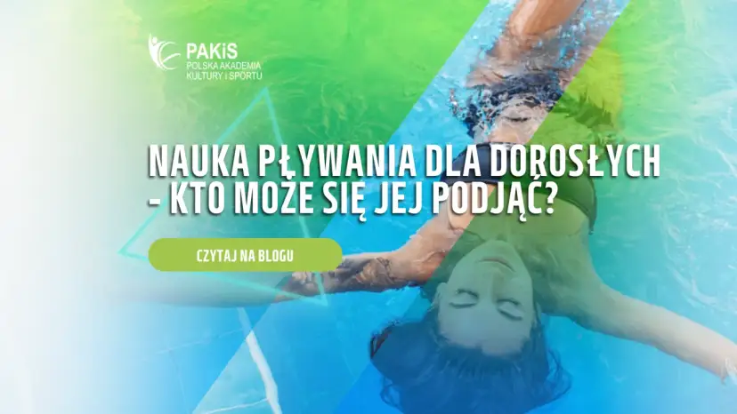 Kobieta pływa na plecach w basenie, z napisem "Nauka pływania dla dorosłych".
