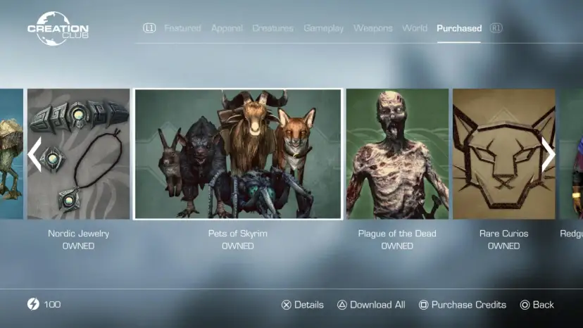 Menu Creation Club z opcjami zakupu dla Skyrim DLC: Nordic Jewelry, Pets of Skyrim, Plague of the Dead, Rare Curios.