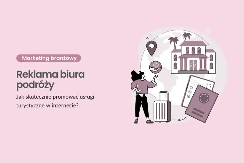 Ilustracja przedstawia kobietę z walizką, paszportem i ikonami podróży na tle globu.