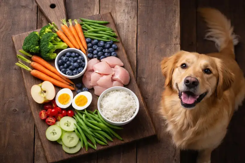 Un perro golden retriever mira con ansias una tabla de madera con ingredientes frescos: pollo, arroz, verduras y frutas. ¡Así es que comen los perros!