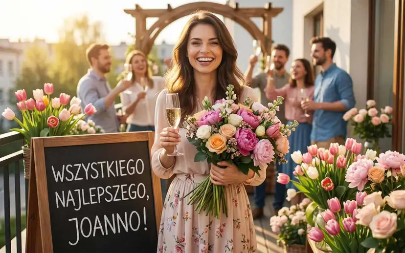 Radosne imieniny Jolanty na tarasie. Uśmiechnięta solenizantka z bukietem kwiatów i kieliszkiem szampana. Na tablicy napis "Wszystkiego najlepszego, Joanno!".