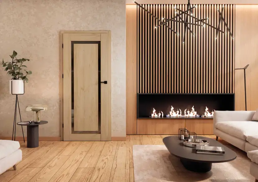 Nowoczesne drzwi wewnętrzne w aranżacji salonu z kominkiem i designerską lampą.