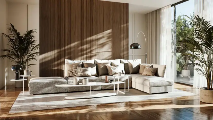 Przytulny salon w stylu japandi z dużą, wygodną kanapą, drewnianą ścianą i roślinami.