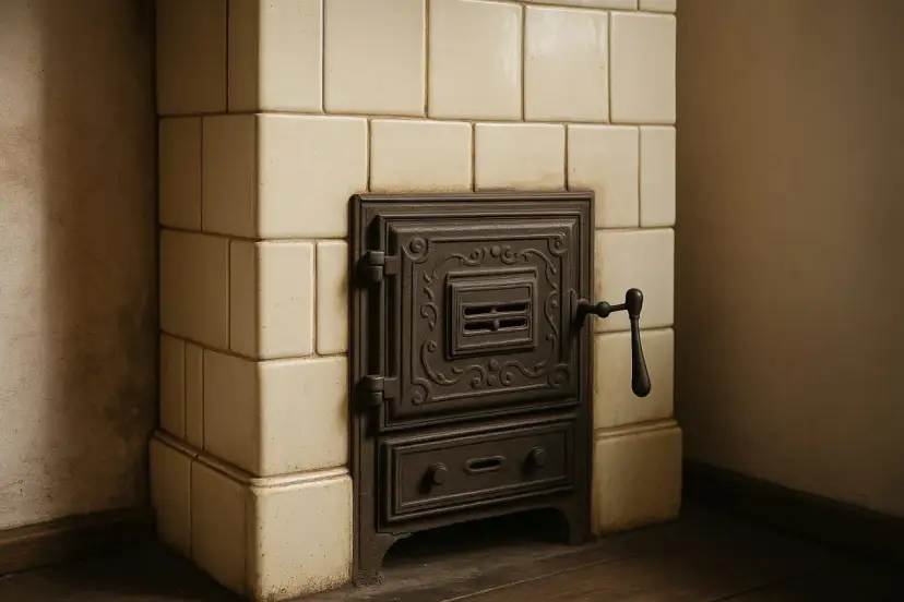 Stary piec kaflowy z ozdobnymi drzwiczkami. Pytanie "do kiedy można palić w piecach kaflowych" jest aktualne.