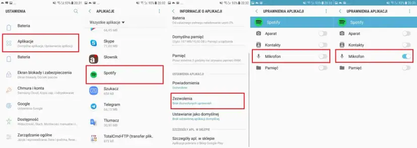 Ekran telefonu z zaznaczonymi uprawnieniami aplikacji Spotify do korzystania z mikrofonu.