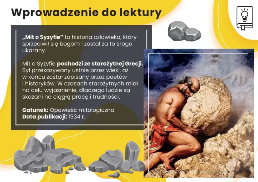 Syzyf pchający kamień pod górę, zmagający się z ciężarem.