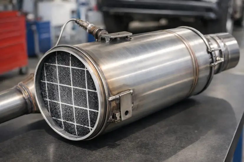 Metalowy filtr cząstek stałych GPF z widocznym wewnątrz wkładem o strukturze plastra miodu.