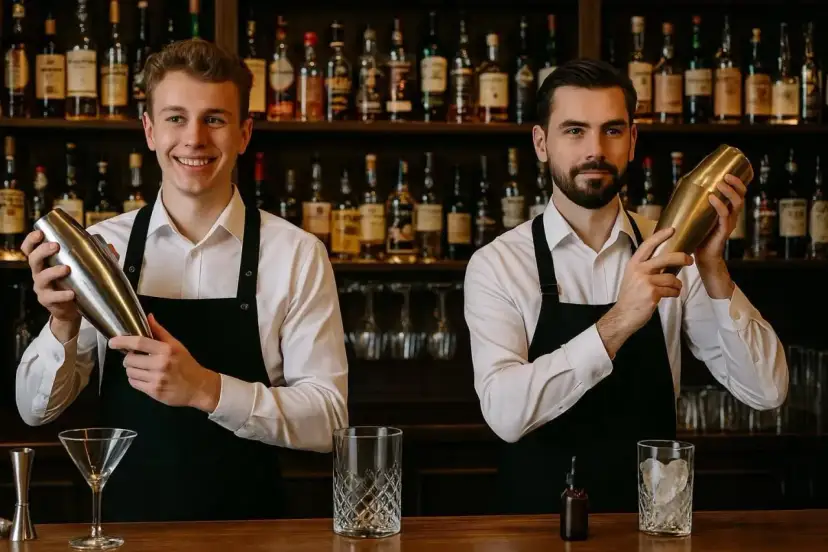 Dwóch barmanów w czarnych fartuchach przygotowuje drinki za barem z butelkami alkoholu w tle.