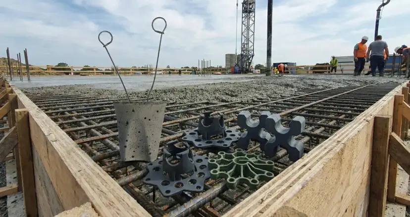 Na budowie widać zbrojenie i świeży beton. Na pierwszym planie leżą podkładki pod zbrojenie, które zapewnią odpowiednią grubość otuliny betonowej.