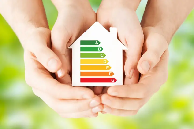 Domy energooszczędne w dłoniach. Symbol domu z klasyfikacją energetyczną od A do G.