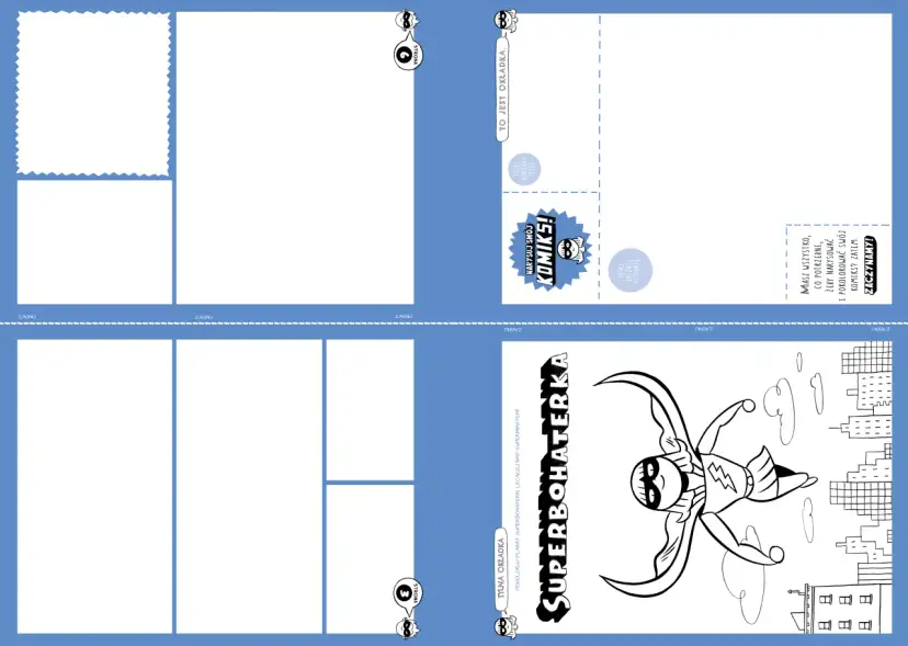 Szablon komiksu z miejscem na okładkę, strony i rysunek superbohatera nad miastem.
