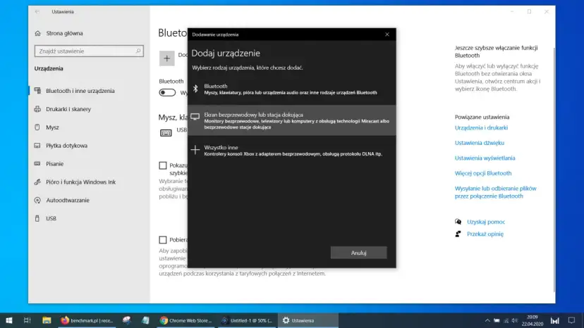 Ustawienia Windows: dodawanie urządzenia. Wybierz "Ekran bezprzewodowy lub stacja dokująca", by dowiedzieć się, jak przenieść obraz z laptopa na telewizor bezprzewodowo.