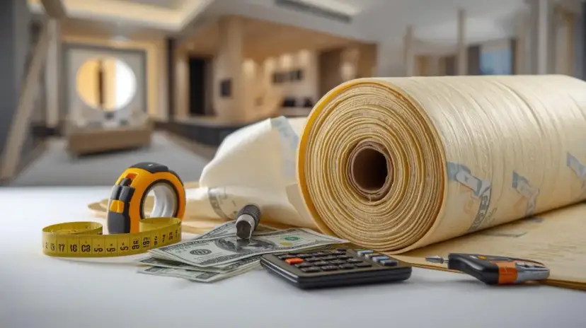 Rolka materiału do ocieplenia domu, miarka, kalkulator i pieniądze. Planowanie budżetu na izolację.