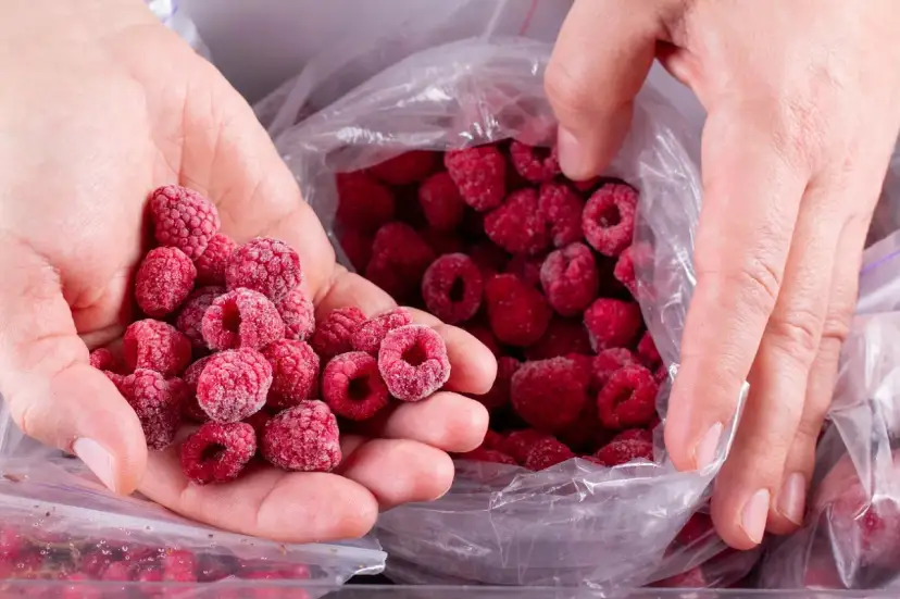 Ręce przesypują mrożone maliny z woreczka. Czy mrożone maliny nadają się do tortu? Tak, są idealne!