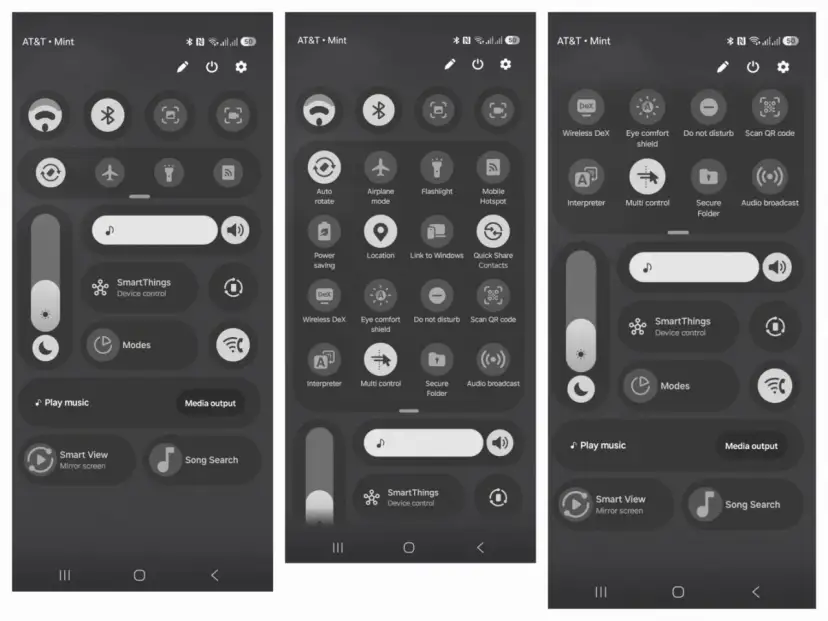 Panel szybkich ustawień z interfejsem One UI 8.5, pokazujący ikony Wi-Fi, Bluetooth, trybu samolotowego, SmartThings i sterowania mediami.