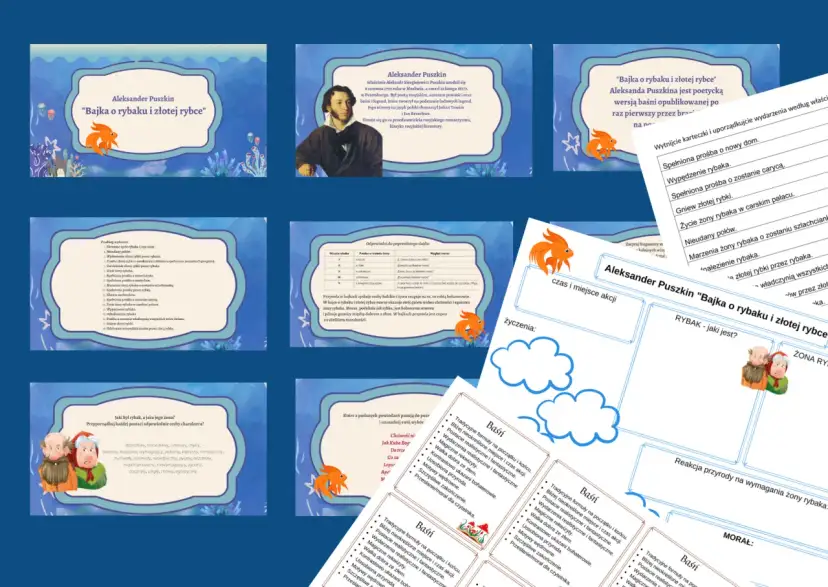 Aleksander Puszkin "Bajka o rybaku i złotej rybce" - materiały edukacyjne. Ilustracje, tekst, zadania.