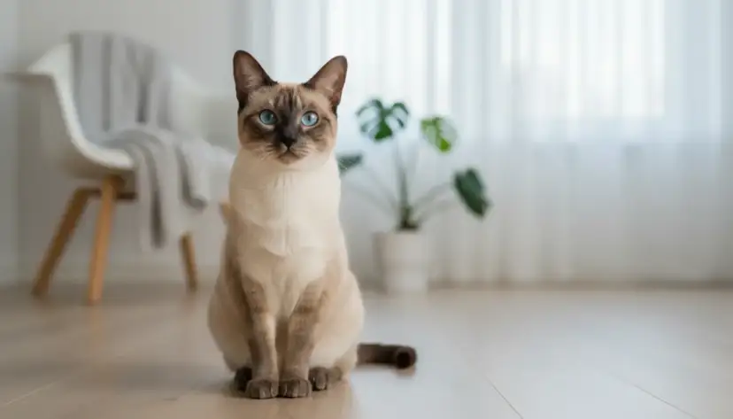 Kot tonkijski z niebieskimi oczami siedzi na podłodze w jasnym wnętrzu.